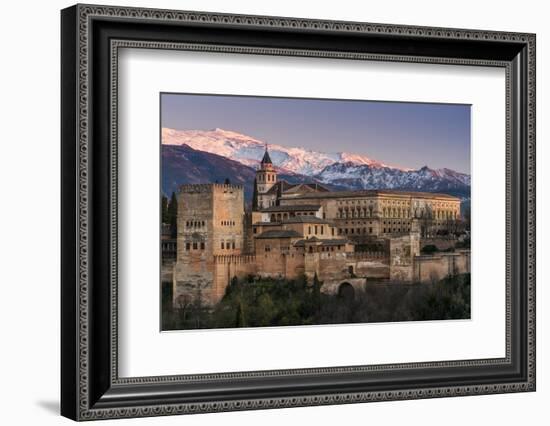 View at sunset of Alhambra palace with the snowy Sierra Nevada in the background, Granada, Andalusi-Stefano Politi Markovina-Framed Photographic Print