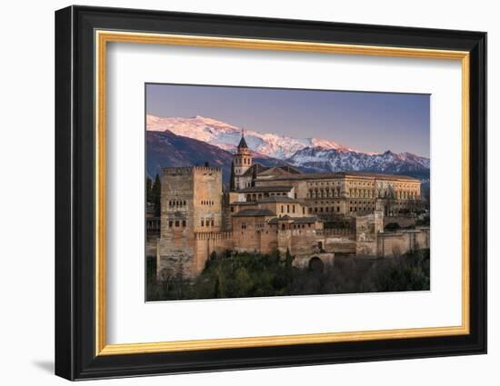 View at sunset of Alhambra palace with the snowy Sierra Nevada in the background, Granada, Andalusi-Stefano Politi Markovina-Framed Photographic Print