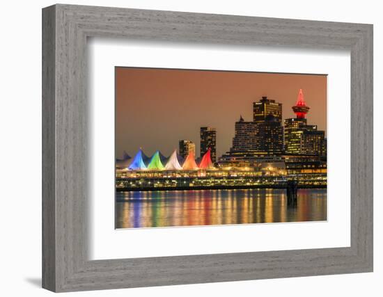 View at sunset of Canada Place and Harbour Centre building decorated with Christmas lights, Vancouv-Stefano Politi Markovina-Framed Photographic Print