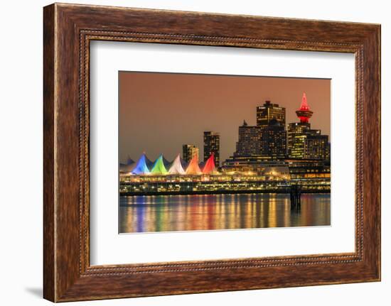 View at sunset of Canada Place and Harbour Centre building decorated with Christmas lights, Vancouv-Stefano Politi Markovina-Framed Photographic Print