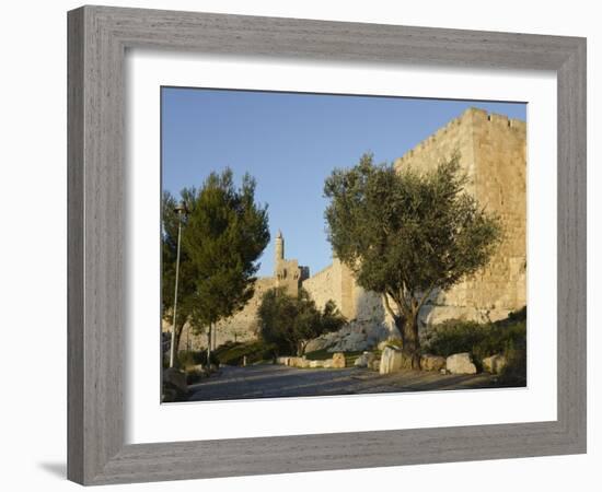 View at Sunset of the City Walls Promenade with Tower of David in Background, Old City, Jerusalem,-Eitan Simanor-Framed Photographic Print