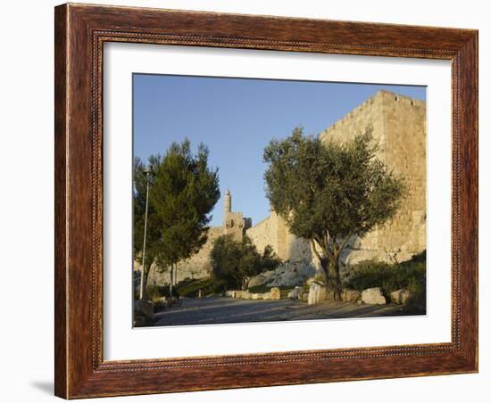 View at Sunset of the City Walls Promenade with Tower of David in Background, Old City, Jerusalem,-Eitan Simanor-Framed Photographic Print