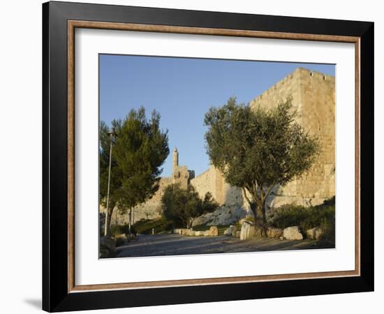 View at Sunset of the City Walls Promenade with Tower of David in Background, Old City, Jerusalem,-Eitan Simanor-Framed Photographic Print