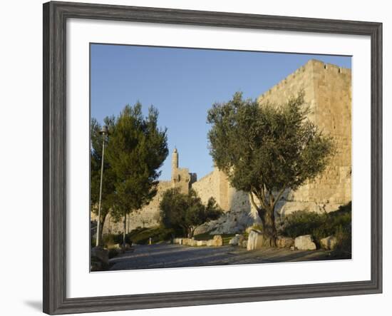 View at Sunset of the City Walls Promenade with Tower of David in Background, Old City, Jerusalem,-Eitan Simanor-Framed Photographic Print