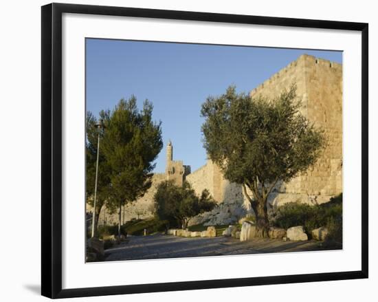 View at Sunset of the City Walls Promenade with Tower of David in Background, Old City, Jerusalem,-Eitan Simanor-Framed Photographic Print