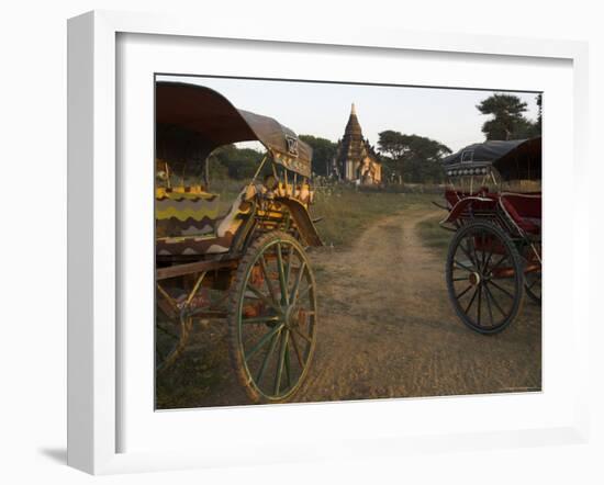 View at Sunset with Horse Cart and Typical Temple, Bagan (Pagan), Myanmar (Burma)-Eitan Simanor-Framed Photographic Print