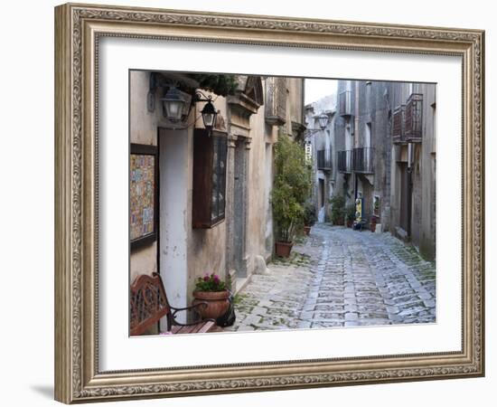 View Down Narrow Cobbled Street, Erice, Sicily, Italy, Europe-Stuart Black-Framed Photographic Print