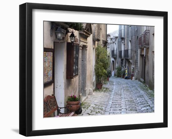 View Down Narrow Cobbled Street, Erice, Sicily, Italy, Europe-Stuart Black-Framed Photographic Print