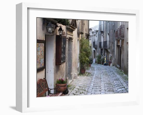 View Down Narrow Cobbled Street, Erice, Sicily, Italy, Europe-Stuart Black-Framed Photographic Print