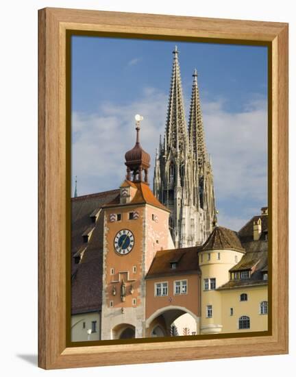 View from Danube River and Steinerne Bridge, Regensburg, Bavaria, Germany-Walter Bibikow-Framed Premier Image Canvas