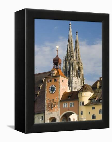 View from Danube River and Steinerne Bridge, Regensburg, Bavaria, Germany-Walter Bibikow-Framed Premier Image Canvas