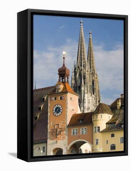 View from Danube River and Steinerne Bridge, Regensburg, Bavaria, Germany-Walter Bibikow-Framed Premier Image Canvas