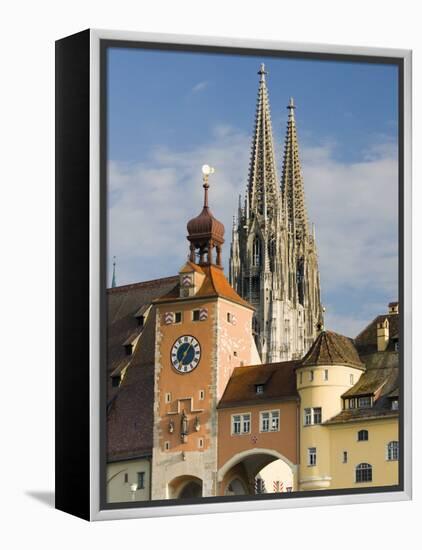 View from Danube River and Steinerne Bridge, Regensburg, Bavaria, Germany-Walter Bibikow-Framed Premier Image Canvas