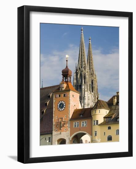 View from Danube River and Steinerne Bridge, Regensburg, Bavaria, Germany-Walter Bibikow-Framed Photographic Print