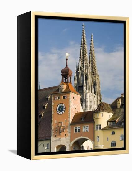 View from Danube River and Steinerne Bridge, Regensburg, Bavaria, Germany-Walter Bibikow-Framed Premier Image Canvas