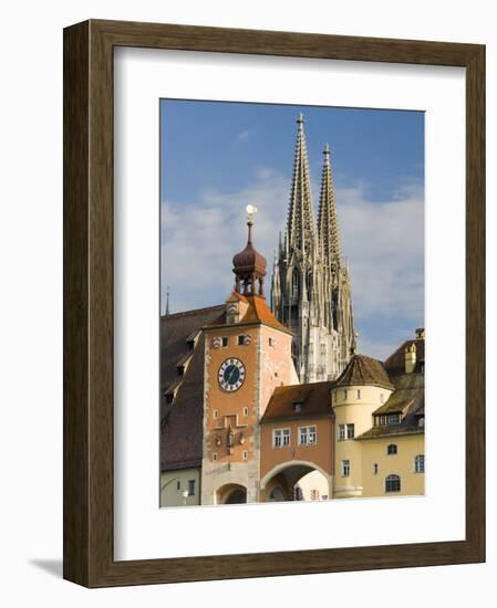 View from Danube River and Steinerne Bridge, Regensburg, Bavaria, Germany-Walter Bibikow-Framed Photographic Print