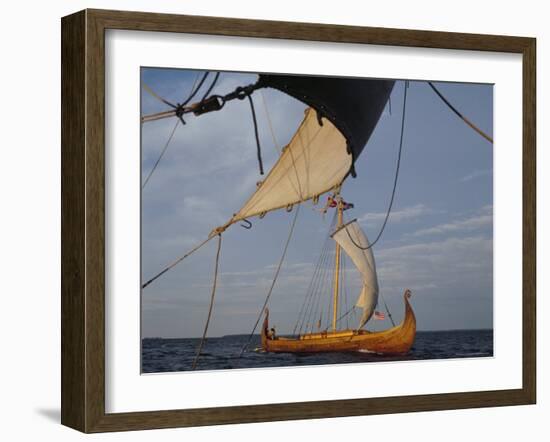 View from Gaia of Replica Viking Ship Oseberg, Chesapeake Bay, USA-David Lomax-Framed Photographic Print