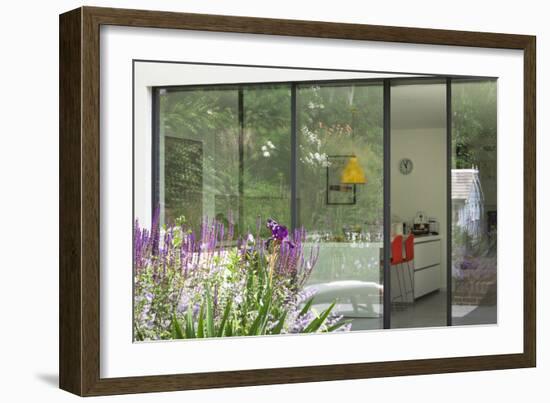 View from Garden Through Sliding Patio Doors to Modern Kitchen Beyond, London-Pedro Silmon-Framed Photo