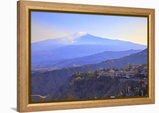 View from Greek Theatre to Taormina with Mount Etna in Background, Taormina, Sicily, Italy, Europe-Neil Farrin-Framed Premier Image Canvas