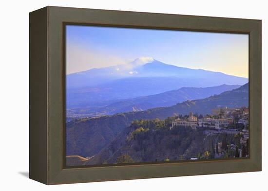 View from Greek Theatre to Taormina with Mount Etna in Background, Taormina, Sicily, Italy, Europe-Neil Farrin-Framed Premier Image Canvas
