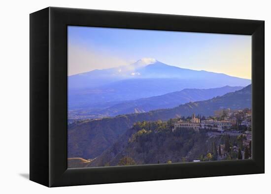 View from Greek Theatre to Taormina with Mount Etna in Background, Taormina, Sicily, Italy, Europe-Neil Farrin-Framed Premier Image Canvas