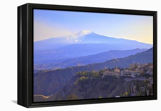 View from Greek Theatre to Taormina with Mount Etna in Background, Taormina, Sicily, Italy, Europe-Neil Farrin-Framed Premier Image Canvas