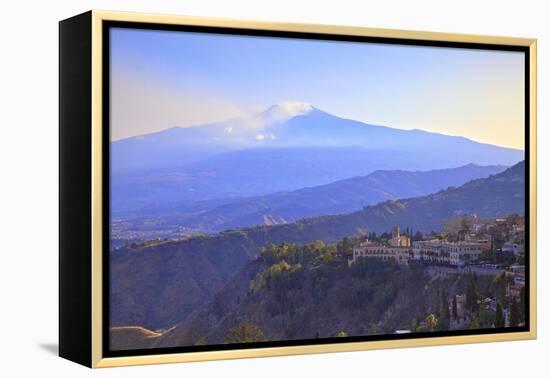 View from Greek Theatre to Taormina with Mount Etna in Background, Taormina, Sicily, Italy, Europe-Neil Farrin-Framed Premier Image Canvas