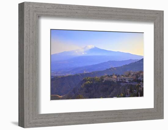 View from Greek Theatre to Taormina with Mount Etna in Background, Taormina, Sicily, Italy, Europe-Neil Farrin-Framed Photographic Print