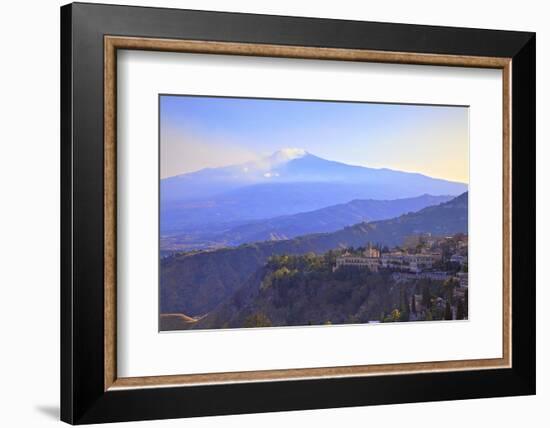 View from Greek Theatre to Taormina with Mount Etna in Background, Taormina, Sicily, Italy, Europe-Neil Farrin-Framed Photographic Print