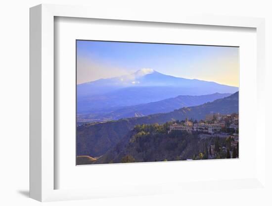 View from Greek Theatre to Taormina with Mount Etna in Background, Taormina, Sicily, Italy, Europe-Neil Farrin-Framed Photographic Print