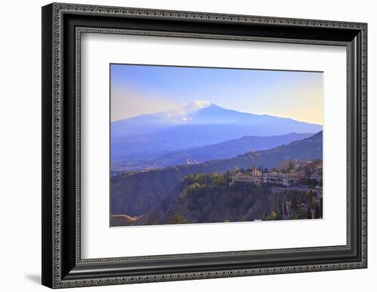 View from Greek Theatre to Taormina with Mount Etna in Background, Taormina, Sicily, Italy, Europe-Neil Farrin-Framed Photographic Print