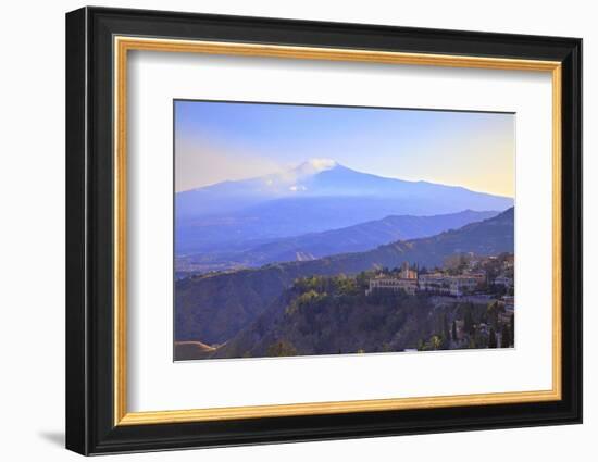 View from Greek Theatre to Taormina with Mount Etna in Background, Taormina, Sicily, Italy, Europe-Neil Farrin-Framed Photographic Print