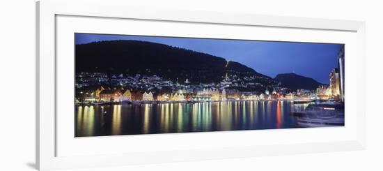 View from Harbor at Night, Bryggen, Hordaland, Norway-Walter Bibikow-Framed Photographic Print