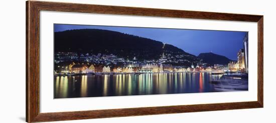 View from Harbor at Night, Bryggen, Hordaland, Norway-Walter Bibikow-Framed Photographic Print