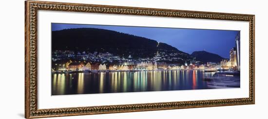 View from Harbor at Night, Bryggen, Hordaland, Norway-Walter Bibikow-Framed Photographic Print