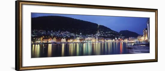 View from Harbor at Night, Bryggen, Hordaland, Norway-Walter Bibikow-Framed Photographic Print