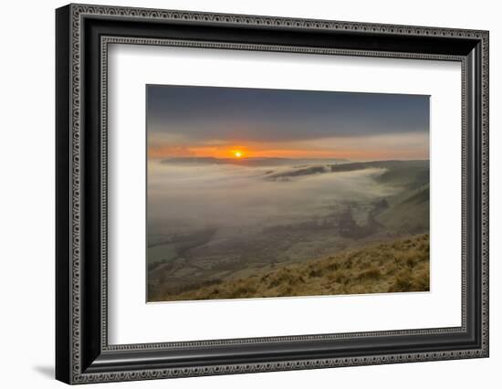 View from Mam Tor of fog in Hope Valley at sunrise, Castleton, Peak District National Park, Derbysh-Frank Fell-Framed Photographic Print