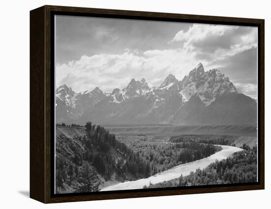 View From River Valley Towards Snow Covered Mts River In Fgnd, Grand Teton NP Wyoming 1933-1942-Ansel Adams-Framed Stretched Canvas