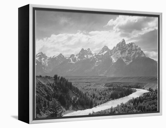 View From River Valley Towards Snow Covered Mts River In Fgnd, Grand Teton NP Wyoming 1933-1942-Ansel Adams-Framed Stretched Canvas