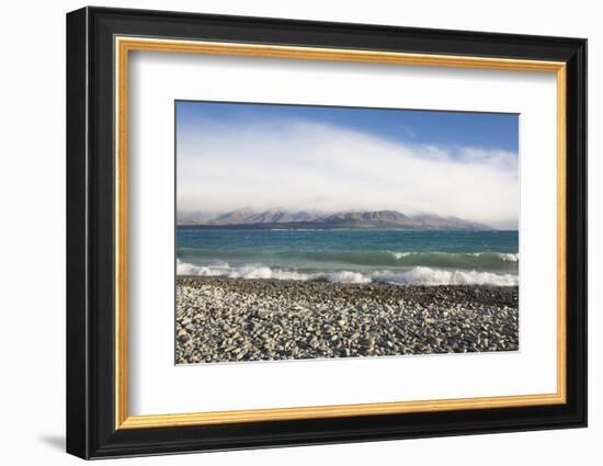 View from rocky shoreline across the stormy waters of Lake Pukaki, near Twizel, Mackenzie district,-Ruth Tomlinson-Framed Photographic Print