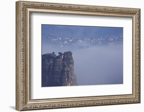 view from the Schrammsteinaussicht, Elbe Sandstone Mountains, fog, summit, Falkenstein, Rathmannsdo-Uwe Steffens-Framed Photographic Print