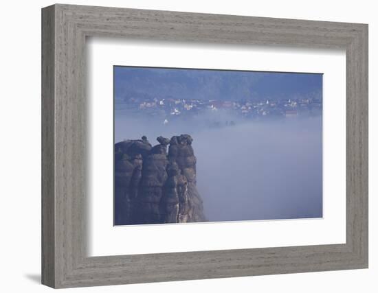 view from the Schrammsteinaussicht, Elbe Sandstone Mountains, fog, summit, Falkenstein, Rathmannsdo-Uwe Steffens-Framed Photographic Print