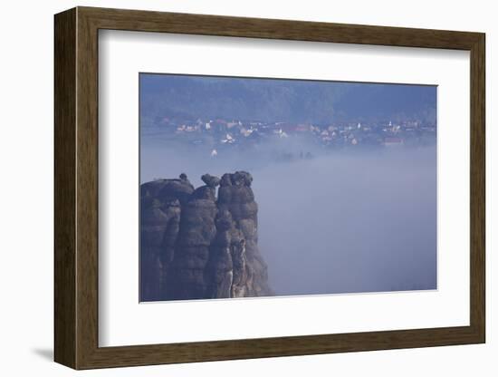 view from the Schrammsteinaussicht, Elbe Sandstone Mountains, fog, summit, Falkenstein, Rathmannsdo-Uwe Steffens-Framed Photographic Print