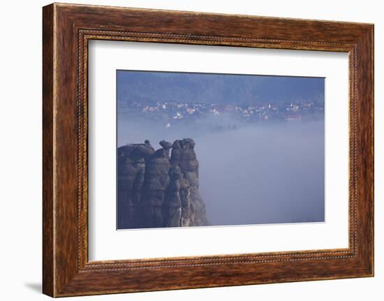 view from the Schrammsteinaussicht, Elbe Sandstone Mountains, fog, summit, Falkenstein, Rathmannsdo-Uwe Steffens-Framed Photographic Print