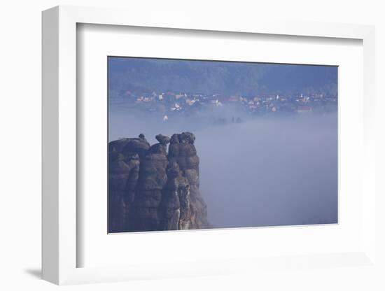 view from the Schrammsteinaussicht, Elbe Sandstone Mountains, fog, summit, Falkenstein, Rathmannsdo-Uwe Steffens-Framed Photographic Print
