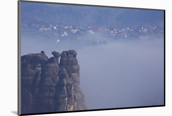 view from the Schrammsteinaussicht, Elbe Sandstone Mountains, fog, summit, Falkenstein, Rathmannsdo-Uwe Steffens-Mounted Photographic Print