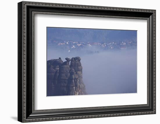 view from the Schrammsteinaussicht, Elbe Sandstone Mountains, fog, summit, Falkenstein, Rathmannsdo-Uwe Steffens-Framed Photographic Print