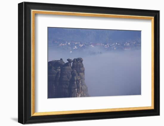 view from the Schrammsteinaussicht, Elbe Sandstone Mountains, fog, summit, Falkenstein, Rathmannsdo-Uwe Steffens-Framed Photographic Print