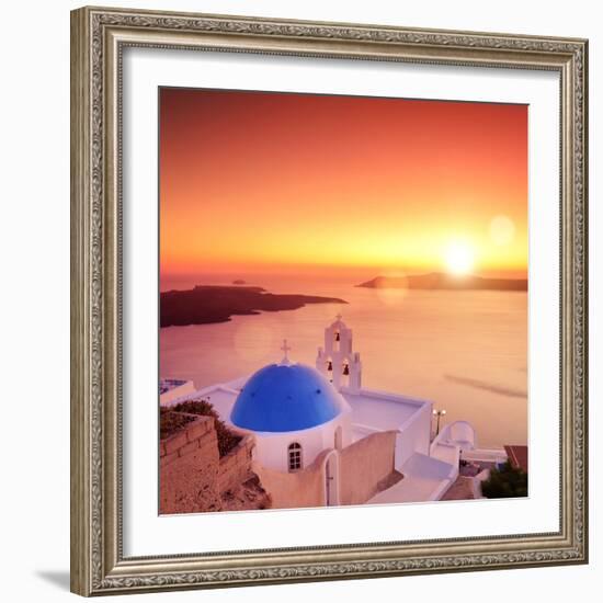 View of a Blue Dome of the Church St. Spirou in Firostefani on the Island of Santorini Greece, at S-buso23-Framed Photographic Print