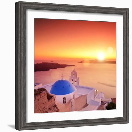 View of a Blue Dome of the Church St. Spirou in Firostefani on the Island of Santorini Greece, at S-buso23-Framed Photographic Print